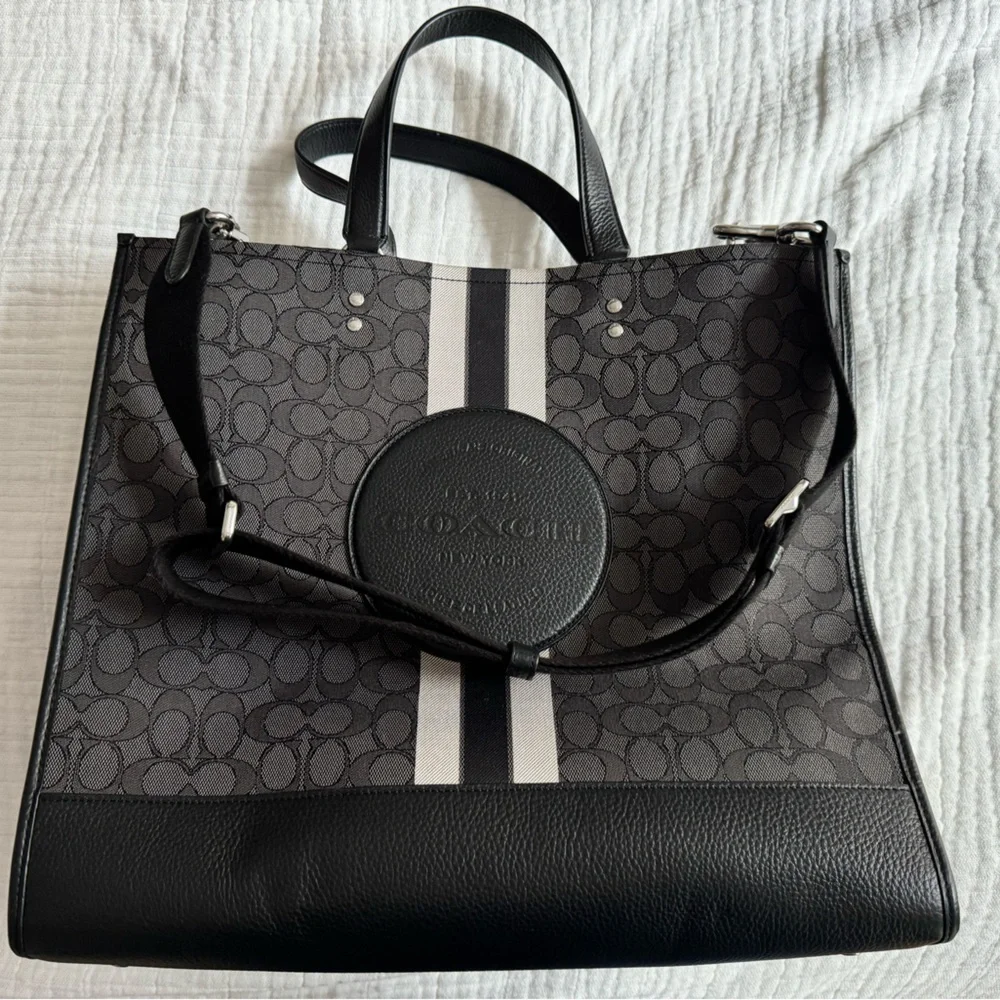 Coach Gray Signature Tote with Black Trim and Burgundy Interior
